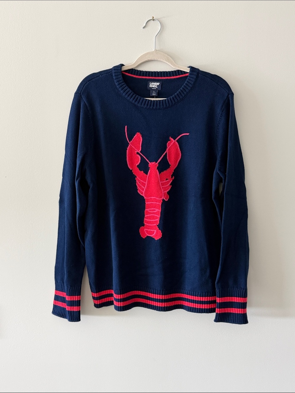 Lands' End Navy Sweater with Bright Red Lobster Graphic